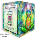 Opened front and back of a colorful greeting card with a frog  in a meditation pose and surrounded by flowers. Illustration by Primal Painter.