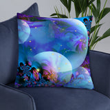 square throw pillow featuring abstract blue and purple artwork entitled "Spirit Orbs" by Primal Painter of overlapping orbs
