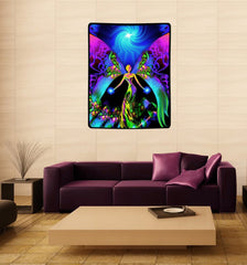 Rainbow fairy angel art tapestry by Primal Painter hanging over a couch. 
