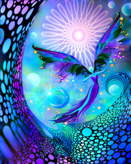 "The Divine Light" is a fantasy fairy art print in the celestial angel line of Reiki-inspired wall decor with blue, purple, and teal circles, a crescent moon, a purple and blue fairy with yellow sparkles of magic, and intricate patterns 