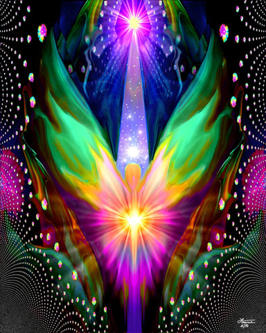 Visionary Art Print, Psychedelic Guardian Angel, Rainbow Energy Artwork by Primal Painter - "Astral Connection"