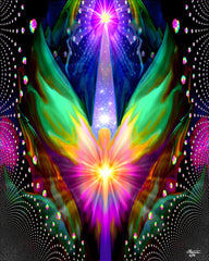 Rainbow abstract angel art print called Astral Connection by Primal Painter featuring a psychedelic angel with a luminous yellow center surrounded by  fractal geometric patterns. 