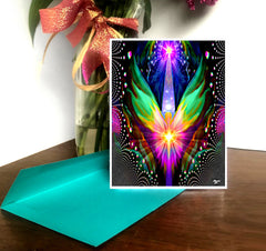 A colorful abstract angel art greeting card with a rainbow Reiki theme, featuring a vibrant print of an angel with multicolored accents and a matte surface on the inside for writing. Art by Primal Painter