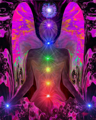 colorful chakra art print with a fuchsia angel torso with the seven chakra colors aligned down the center, and blue lights in her hands and a Reiki symbol over her head called Balance Within Chaos by Primal Painter