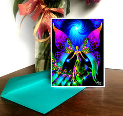 rainbow fairy with butterfly wings greeting card by Primal Painter