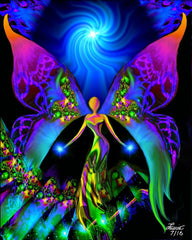 An art print of a rainbow fairy with lacy butterfly wings holds blue orbs of energy in her hands, a spiraling blue source of light above her, and the abstract suggestion of a path of steps at her feet. Art by Primal Painter
