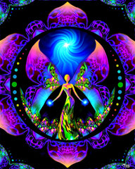 A rainbow mandala angel with a spiraling blue energy source above her head is enclosed in a circle, framed by a border that gradates from purple through pink to orange, symbolizing the full spectrum of transformation. Art by Primal Painter