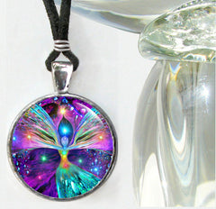 Handmade round silver colored necklace featuring rainbow fairy art with the chakra colors by Primal painter