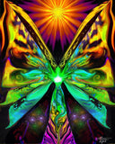 Huge butterfly wings on a green fairy with a rainbow dress and a large orange starburst over head, wings are gradations of green and teal to orange and yellow. Art by Primal Painter