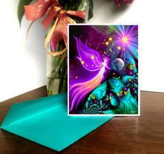 guardian angel artwork greeting card by Prmal Painter in pink and green