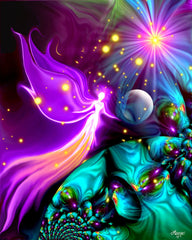 pink guardian angel art with a rainbow starburst and overlooking a green planet, energy art for energy workers and spiritual seekers by Primal Painter