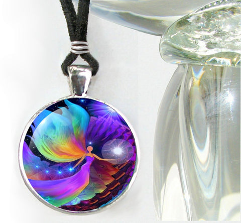round necklace featuring rainbow angel art by Primal Painter of a spiraling path being illuminated by a rainbow colored angel and sealed under glass
