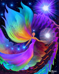 A colorful artistic print featuring a stylized, multicolored angel figure against a cosmic, starry background. Titled Divine Path by Primal Painter