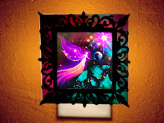 nightlight featuring pink and green guardian angel artwork by Primal Painter. Victorian wood cutout frame. 