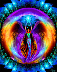 colorful rainbow energy art of a vivid angel with upstretched arms holding a blue starburst over her head inside a sphere of potential and surrounded by blue rays. Art print by Primal Painter
