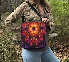 Psychedelic flower mandala art by Primal Painter and printed on a messenger bag. Shown on a model