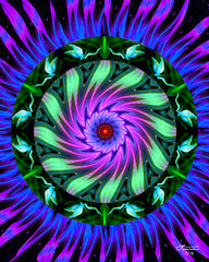 A circular green, purple, and blue mandala art print with a central point and fairies around it, indicating a theme of sacred geometry and interconnectedness. Art by Primal Painter