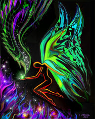 Symbolic art print by Primal Painter featuring an angel with tattered wings and a hollowed outline for a body holding on to an rb with spiraling rainbows, poised above violet flame. Symbolizing grief and rebirth.