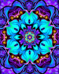 Sacred geometry mandala with Interlocking flowers that bloom across six segments in blue and teal, framed by a wavy dark blue border against a deep purple background. Art by Primal Painter