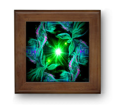 Framed ceramic art tile featuring a colorful abstract heart chakra design with angels, encased in a real wood frame.