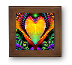 A framed ceramic art tile with a colorful psychedelic rainbow heart fractal design, encased in a real wood frame.