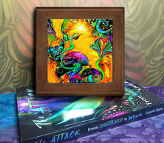 A framed ceramic art tile featuring a colorful fantasy art design with mushrooms and fairies, set against a vibrant background. The art is encased in a real wood frame, and the tile is displayed in a frame-ready position, showcasing a colorful, psychedelic image.