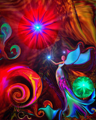 Colorful red art print by Primal Painter with a starburst and rainbow angel holding an offering called "Gratitude". Symbolism, two crescent moons, spirals, orbs. 