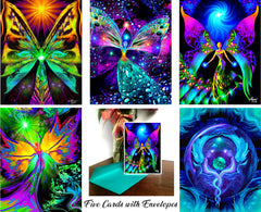 A set of five colorful greeting cards with angelic imagery, displayed in a variety of vibrant artistic styles, accompanied by a brightly colored envelope. By Primal Painter