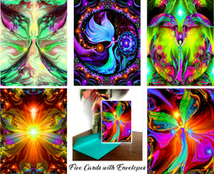 A collection of five greeting cards with vibrant, psychedelic angel art in various colors, displayed with a blue envelope, showcasing works by Primal Painter.