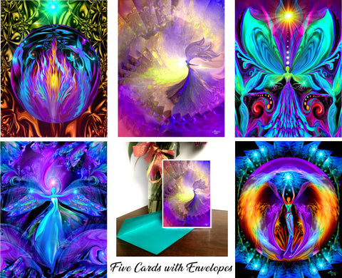 Set of Five Notecards, Angel Greeting Cards, Reiki-Inspired Art Cards by Primal Painter