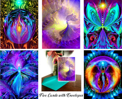 Variety pack of 5 colorful angel art cards with envelopes by Primal Painter. A2 size