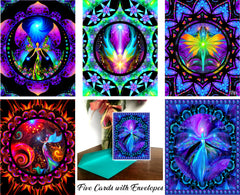 A set of five multicolored greeting cards with angel and mandala designs, displayed with a sample card shown to the left, indicating a vibrant and colorful aesthetic. Art by Primal Painter