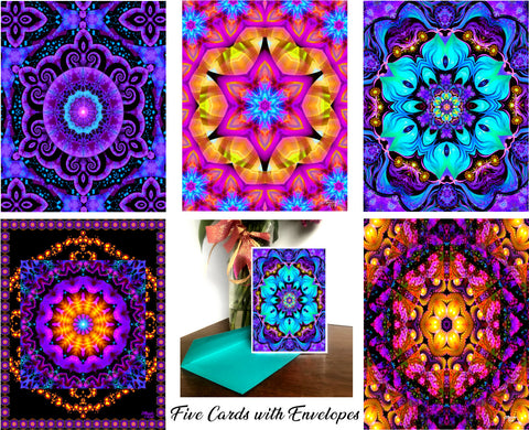 Psychedelic Mandala Greeting Cards, Set of 5 Original Art Notecards by Primal Painter