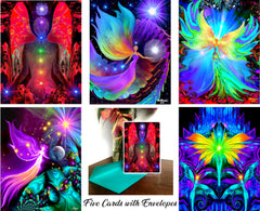 Set of 5 brightly colored angel art greeting cards, A2, with envelopes. Art by Primal Painter