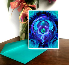 A greeting card featuring a colorful artistic design with two angel figures and a spiral inside a sphere, set against a blue background. The card is blank on the inside and has a white border. Art by Primal Painter