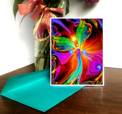 A colorful artistic greeting card with an angel and chakra themes, featuring a red background and a matte surface on the inside for writing. Art by Primal Painter