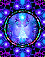 violet angel art print inside a circle of purple starry hearts with a red violet lacy border of a mandala called "Hope" by Primal Painter