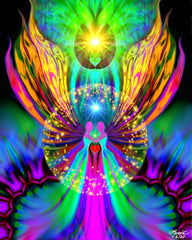 Energy art print of two angels with rainbow wings, embracing each other inside a starburst circle. Purple rays of energy are in the background and above is a yellow starburst. Humankind by Primal Painter