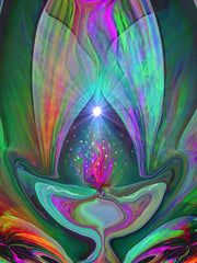 Violet Flame digital artwork with a violet flame burning in the center of a goblet and surrounded by greens, pinks, and orange patterns. Art Print by Primal Painter