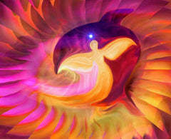 A yellow angel that's integrated with a dolphin against a swirling gradation of orange to fuchsia and red. Golden Age of Dolphins by Primal Painter