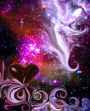 Abstract art print called The Guardian by Primal Painter featuring a stylized, multicolored depiction of a guardian angel with a heart symbol, moons, starts, and a goddess face in the bottom right.