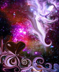 Abstract art print called The Guardian by Primal Painter featuring a stylized, multicolored depiction of a guardian angel with a heart symbol, moons, starts, and a goddess face in the bottom right.