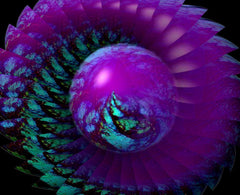 purple and green spiral artwork with a purple earth orb in the center called Alignment by Primal Painter