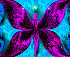 Abstract art print by Primal Painter of a multicolored goddess figure with butterfly-like wings, set against a swirling blue and purple background, symbolizing transformation and spiritual growth.