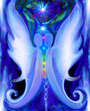 Two white and blue twin flame angels stand face to face, the full spectrum of chakra colors aligned between them, a starburst blazing above their heads and twin moons grounding them at the base. Art print called Twin Souls  by Primal Painter