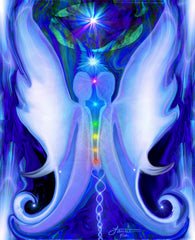 Two white and blue twin flame angels stand face to face, the full spectrum of chakra colors aligned between them, a starburst blazing above their heads and twin moons grounding them at the base. Art print called Twin Souls  by Primal Painter
