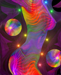 Rainbow art print by Primal Painter of a female torso with chakra colors and flowing lines. 