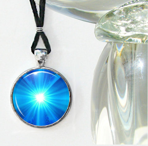 Bright blue starburst necklace,  throat chakra art by Primal Painter