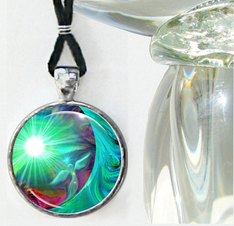 Green crescent moon with angel and starburst necklace