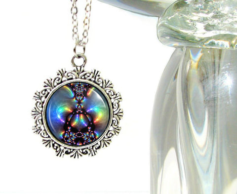 Dainty Silver Necklace with an Aura-Themed Rainbow Energy Art Photo Print